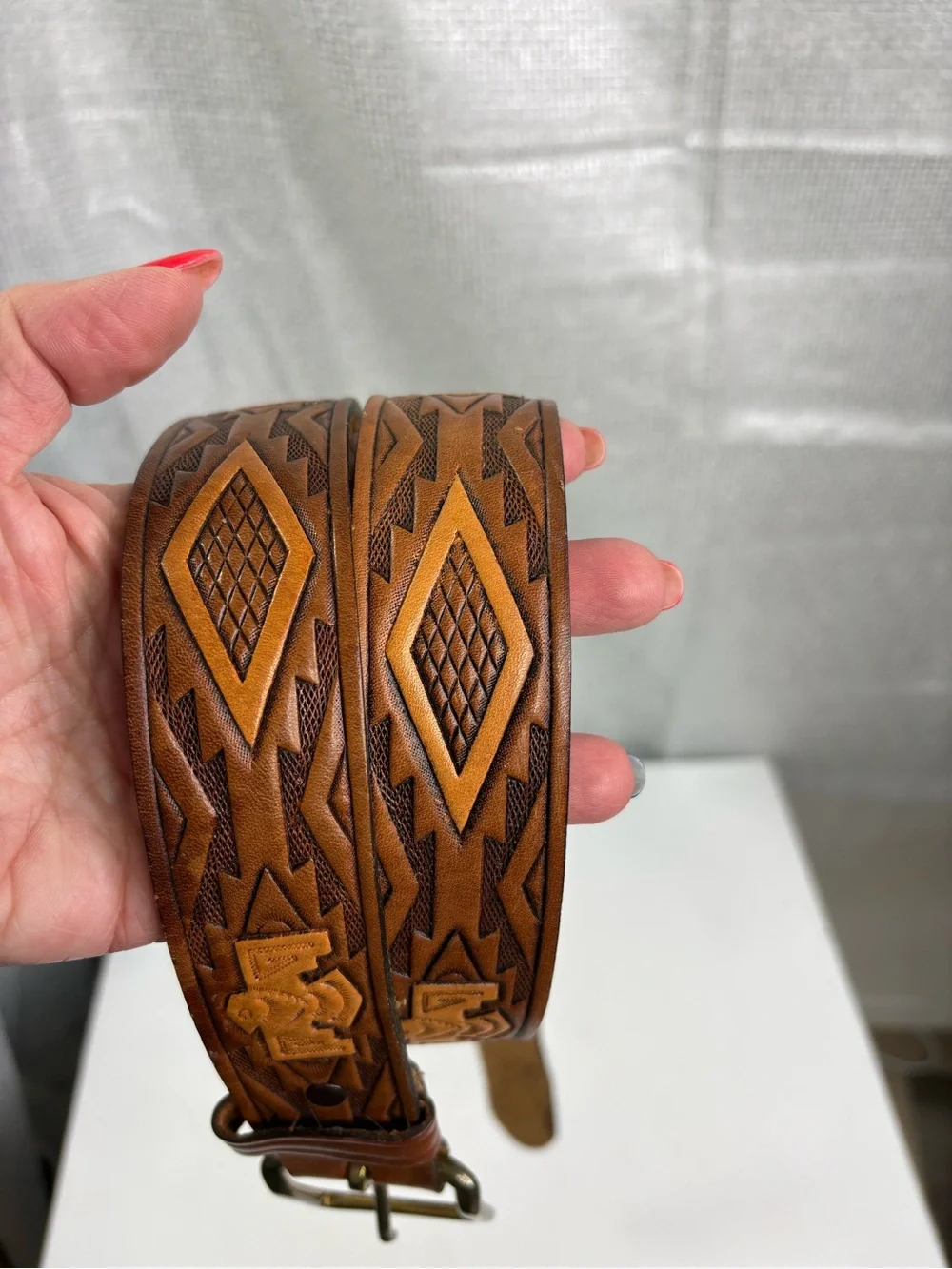 Thunderbird Eagle Tooled Brown Leather Belt with Diamond Pattern size 42